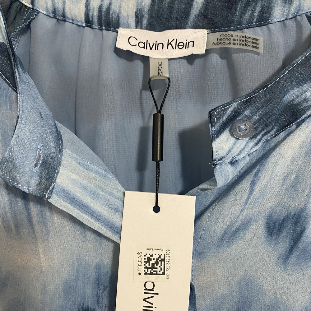 Calvin Klein Women's M Blue Tie-Dye Chiffon Collared Button Front Blouse - Picture 5 of 5